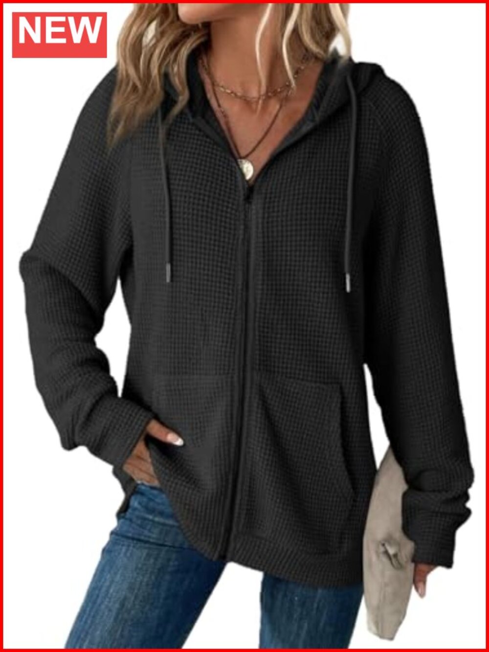 Waffle Knit Zip Up Hoodie Long Sleeve Hooded Sweatshirt Women